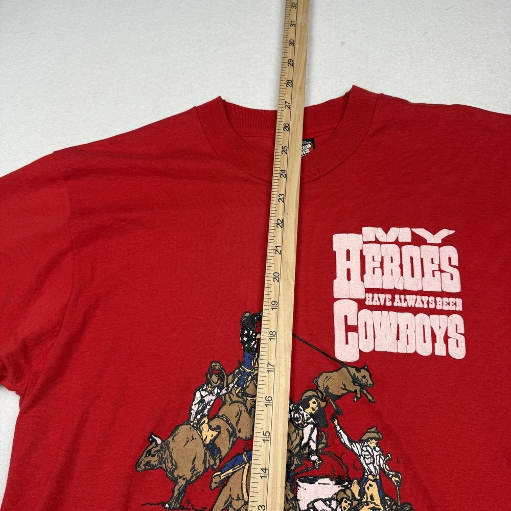 Vintage My Heroes Have Always Been Cowboys Shirt Mens Large Red Made in USA 90s - Picture 4 of 7